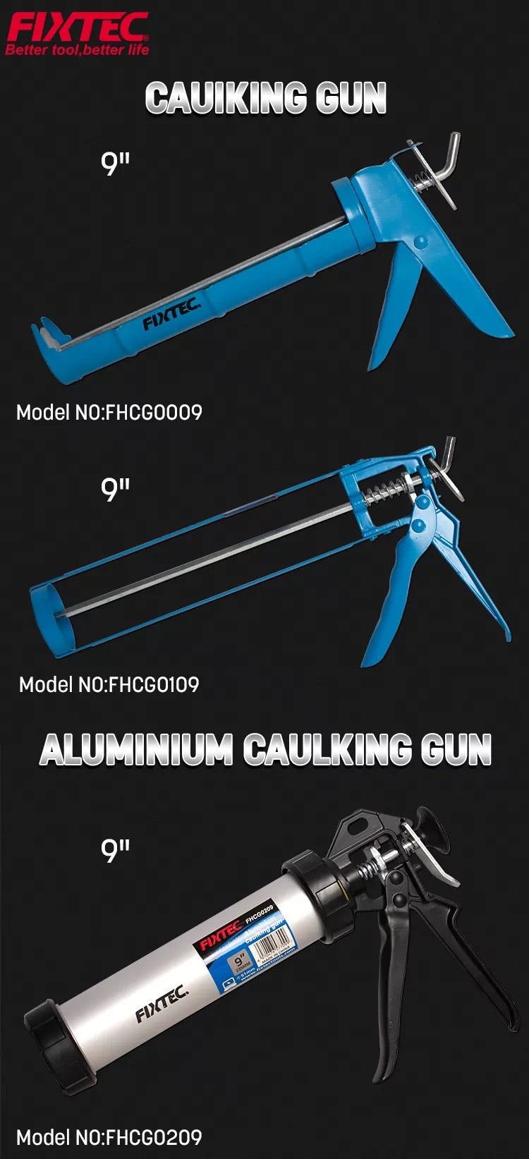 Three caulking guns from FIXTEC on a black background