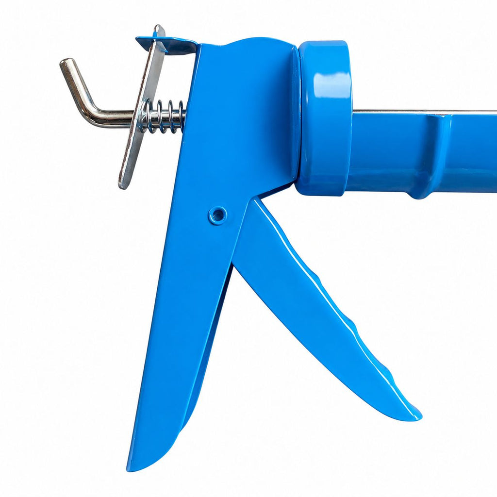 Blue caulking gun on a white background