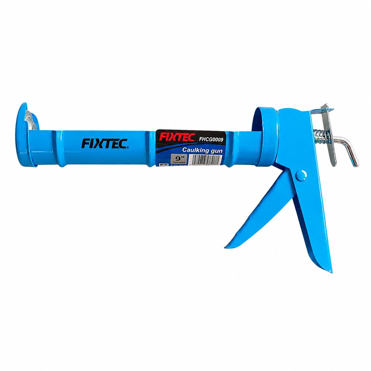 Blue FIXTEC caulking gun on a white background