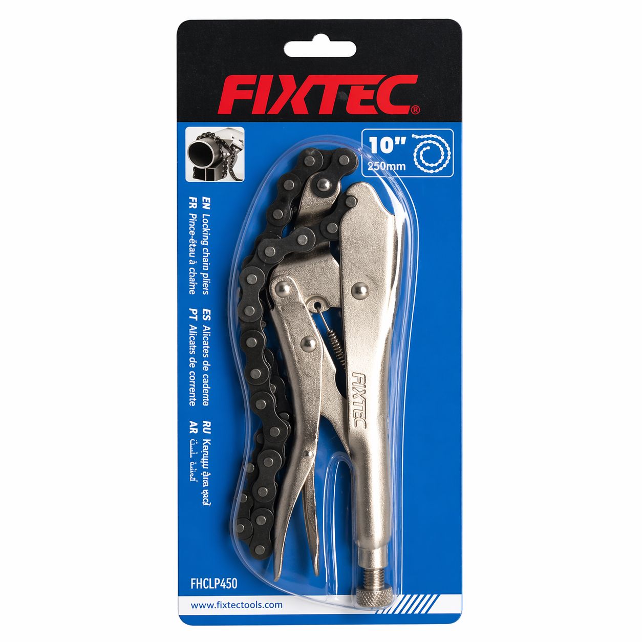 Packaged pair of locking pliers with FIXTEC branding on a blue and black background