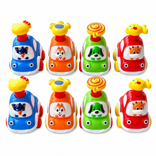 Set of colorful toy cars with animal faces on a white background
