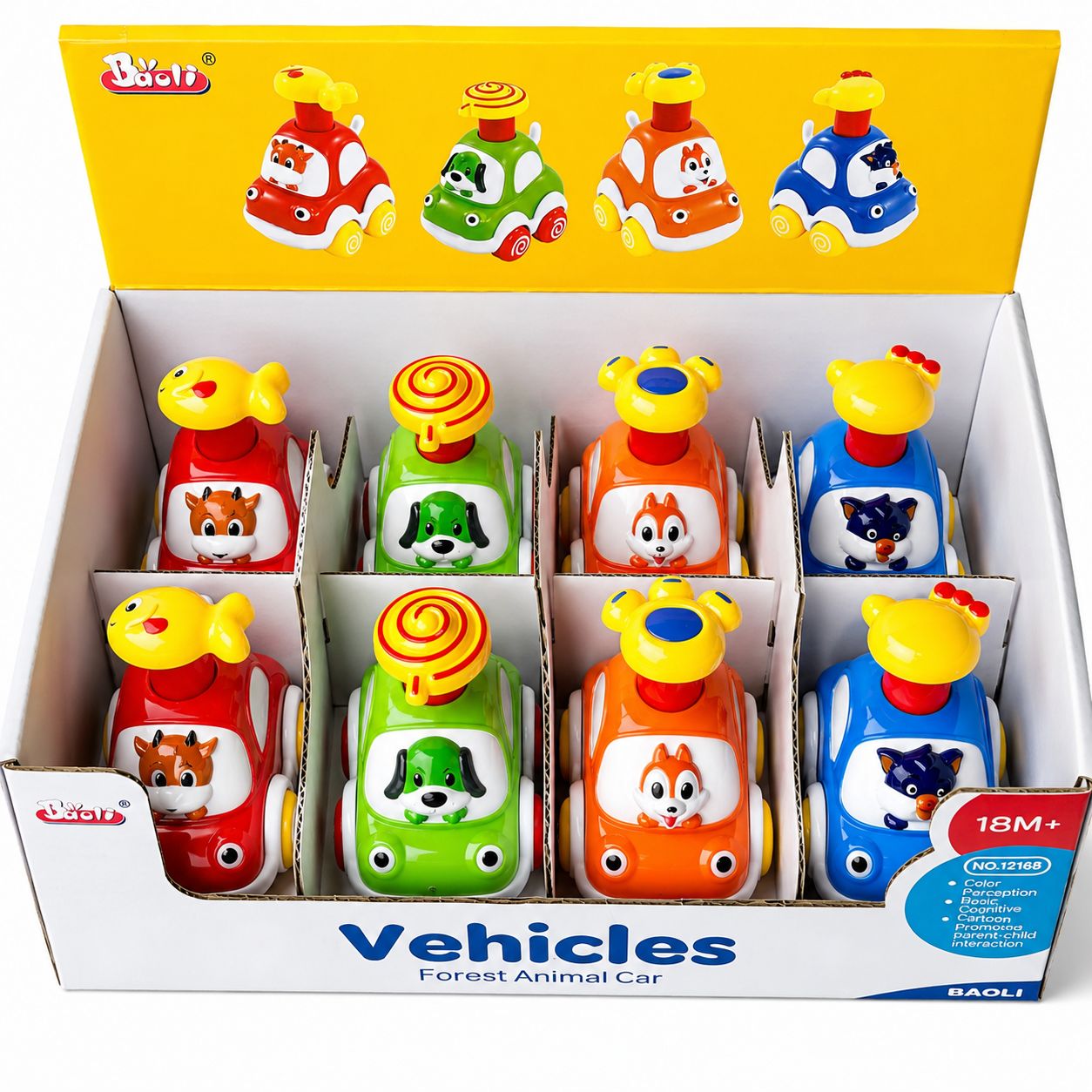 Box of colorful toy cars shaped like forest animals with a yellow lid.