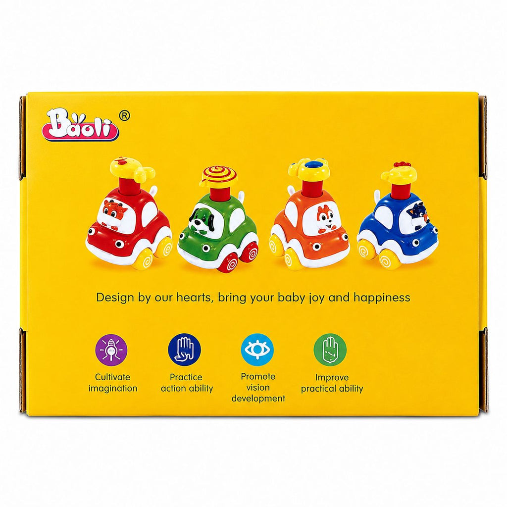 Yellow box with colorful toy cars and Baoli branding on a white background
