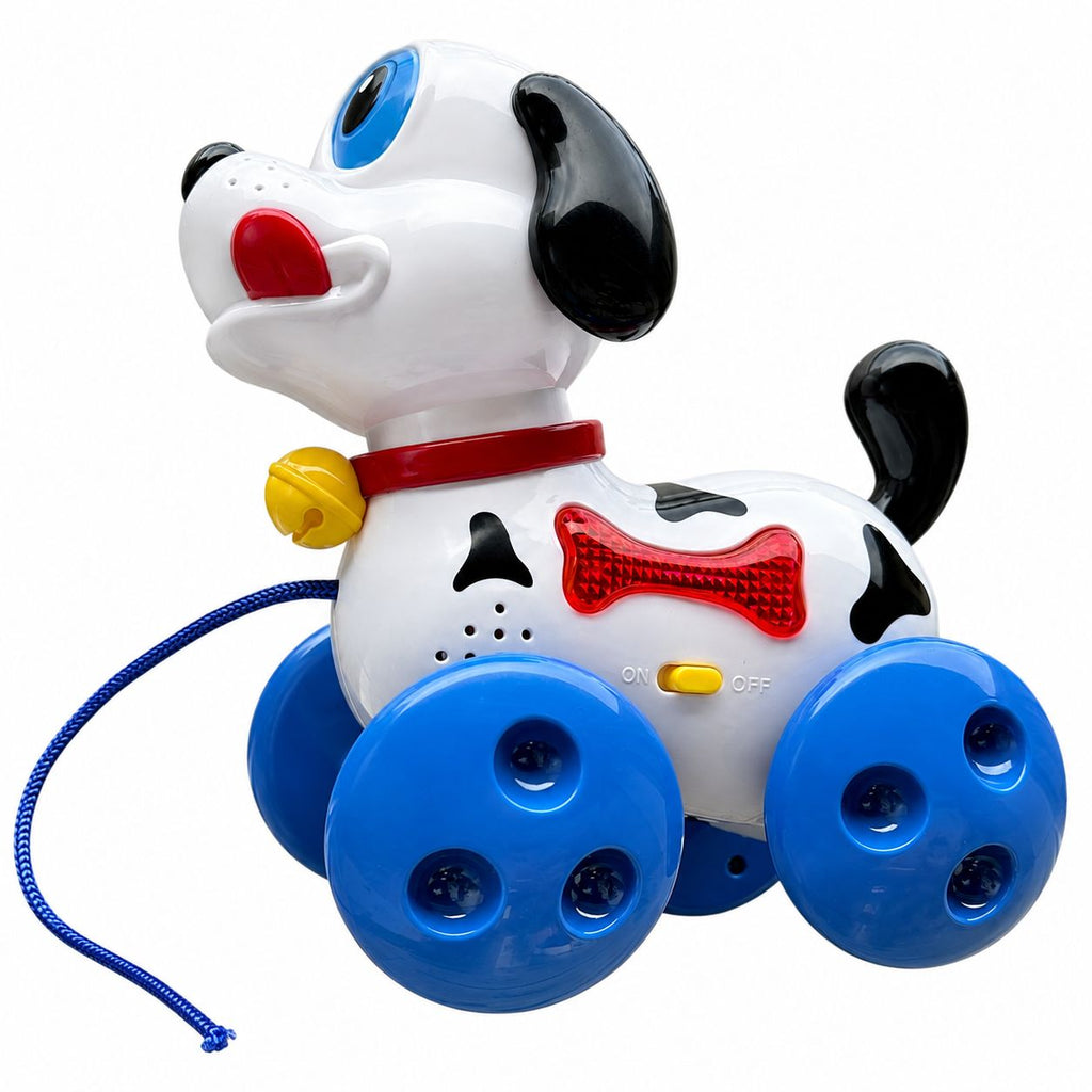 Toy dog with blue wheels on a white background