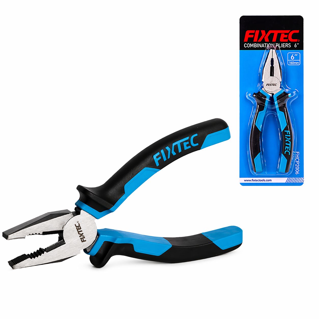 FIXTEC combination pliers with blue and black handles and packaging on a white background