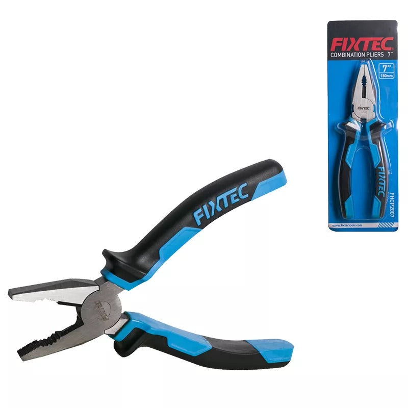 Fixtec combination pliers with blue and black handles and packaging on a white background