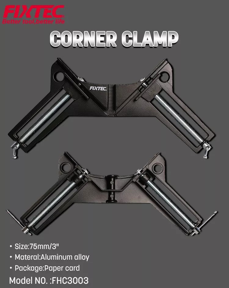 Corner clamp with FIXTEC branding on a gray background