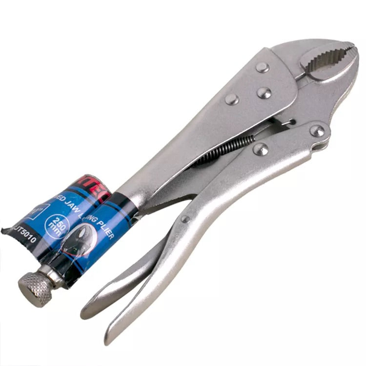 Locking pliers with packaging on a white background