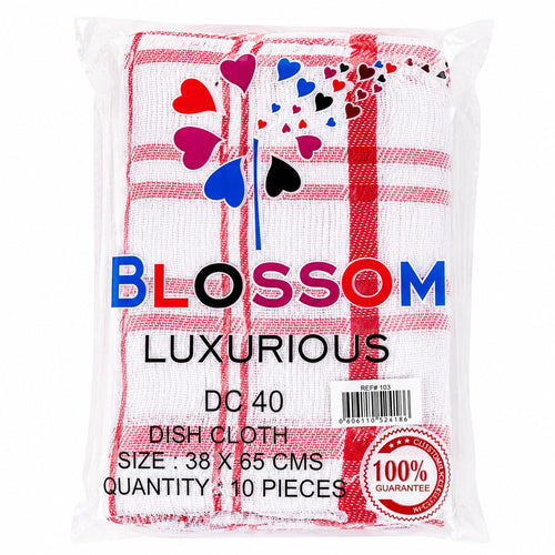 Packaged dish cloth with heart designs and 'Blossom' branding on a white background