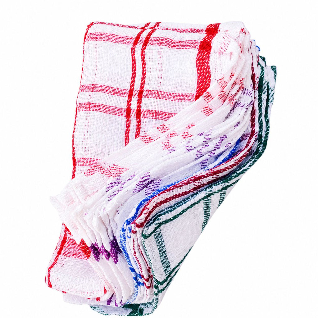 Stack of colorful checkered towels on a white background