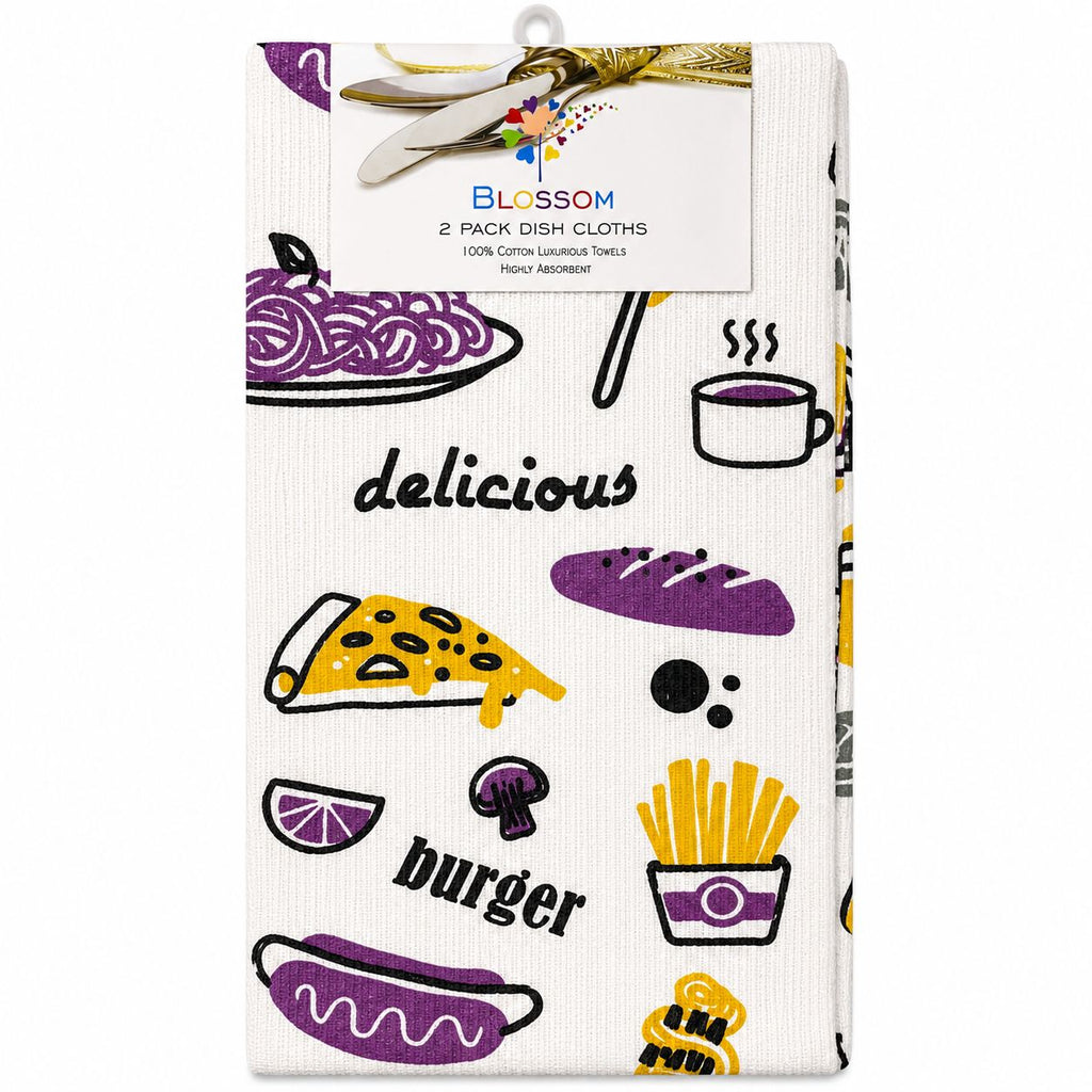 Pack of dish towels with food-themed designs and 'Blossom' branding.