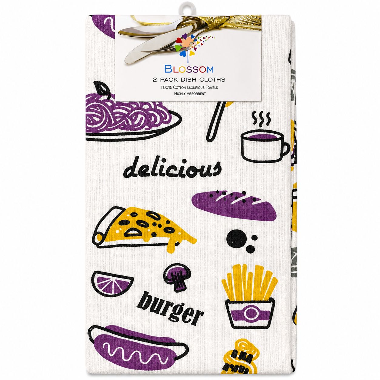 Pack of dish towels with food-themed designs and 'Blossom' branding.