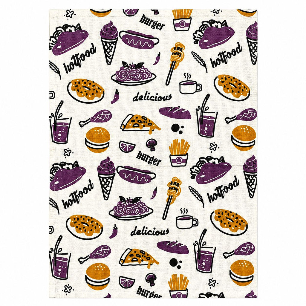 Pattern of food illustrations including burgers, fries, and drinks on a white background.
