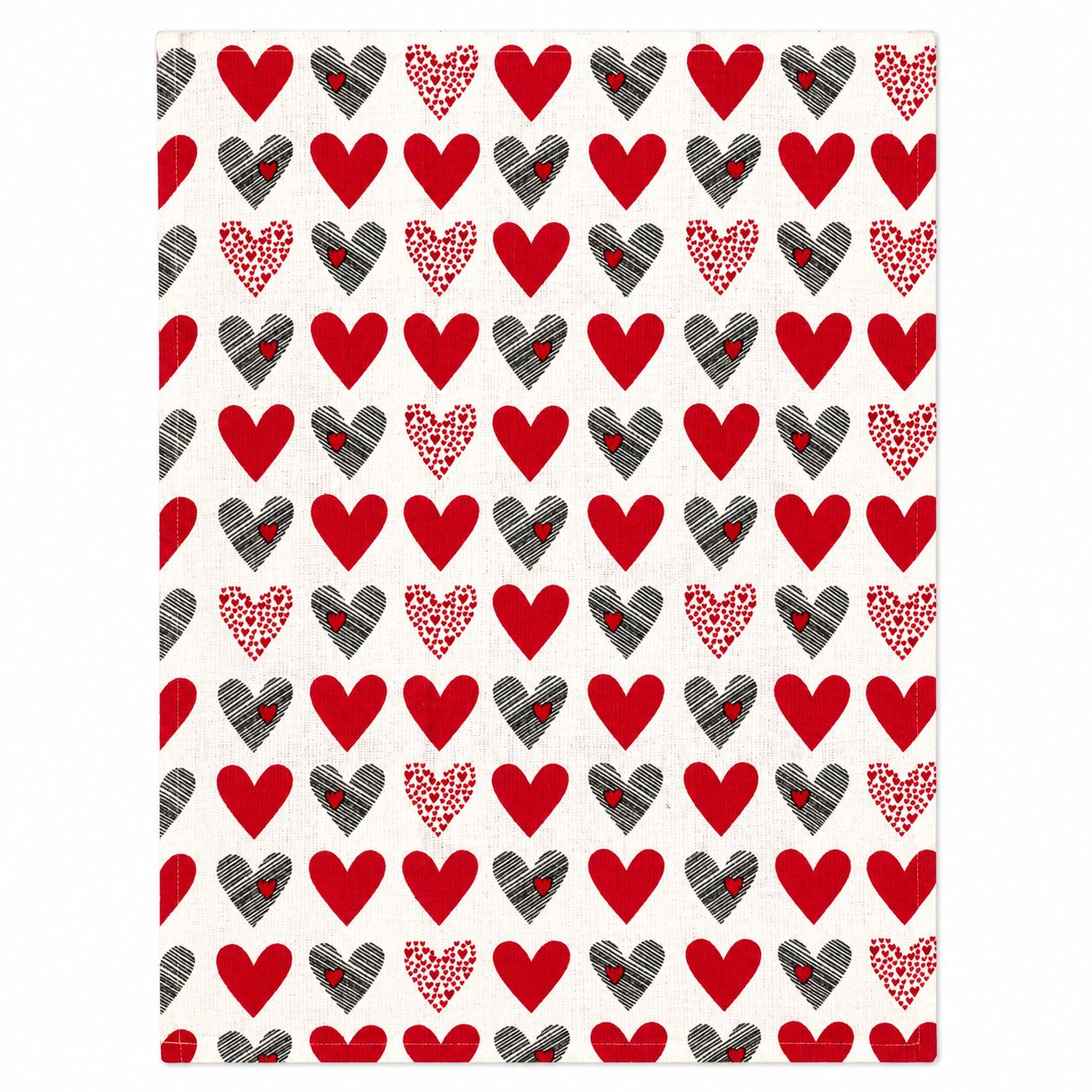 Pattern of red, black, and gray hearts on a white background