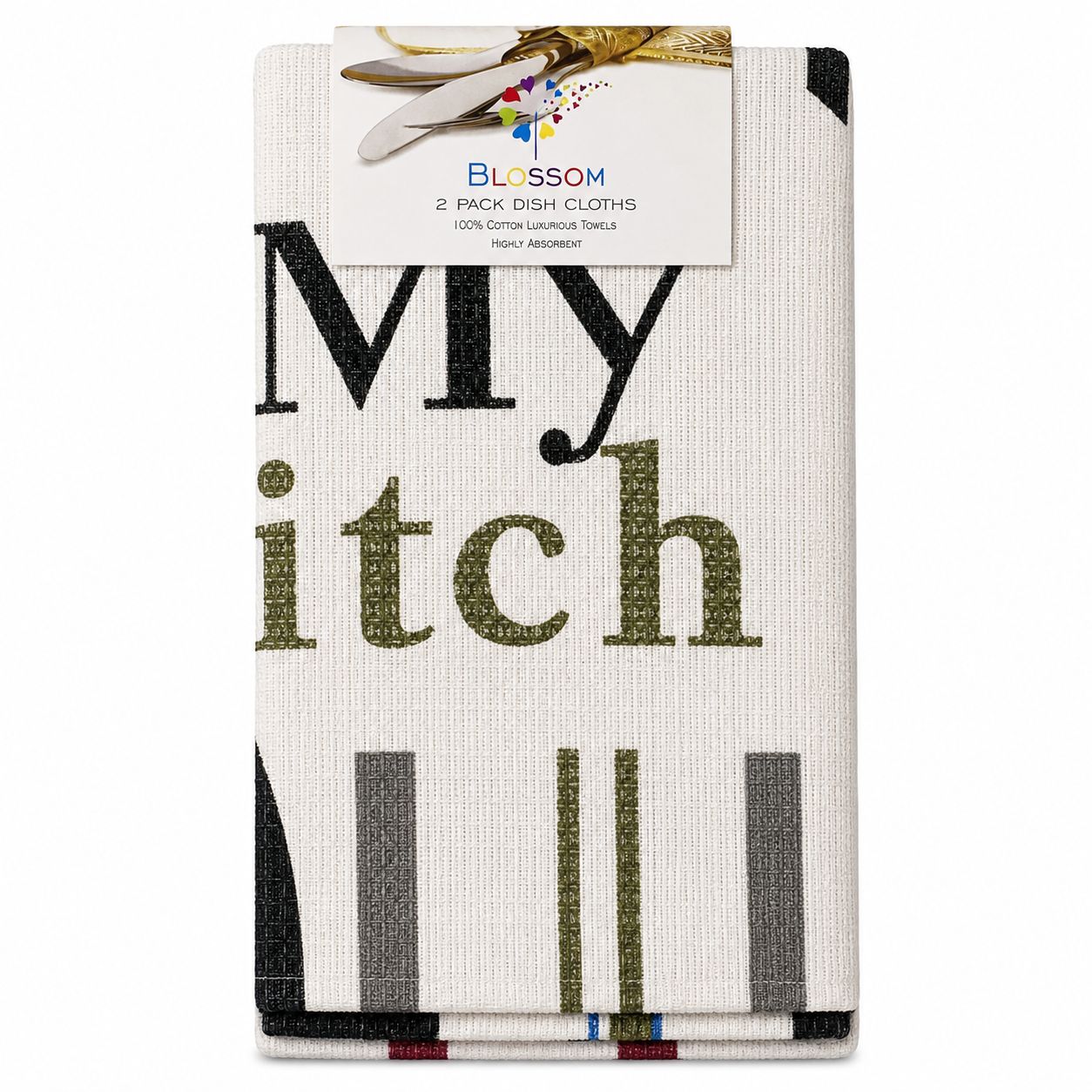 Pack of dish cloths with text and brand label on a white background