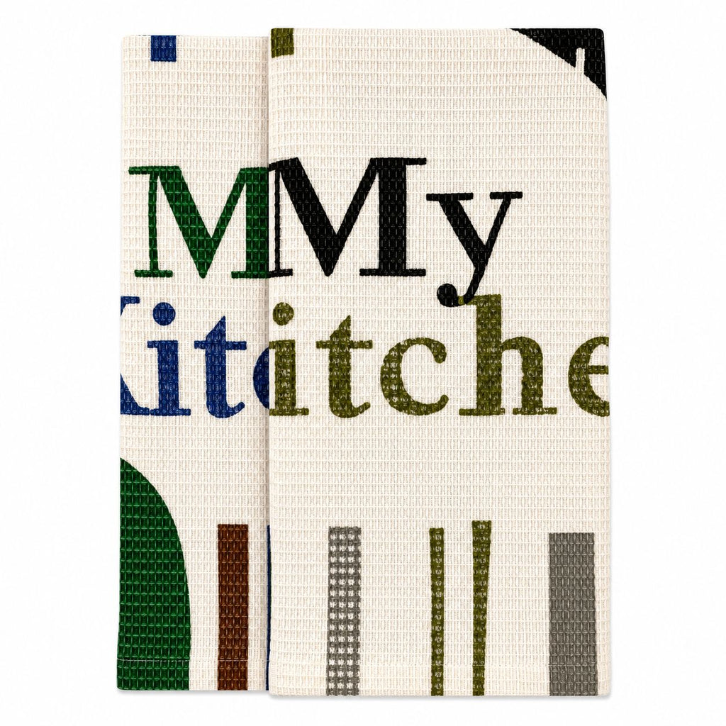 Textile product with 'My Kitchen' text on a white background
