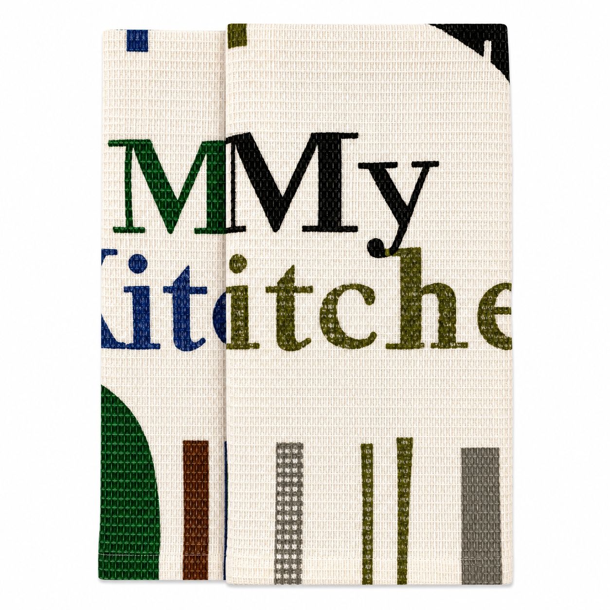 Textile product with 'My Kitchen' text on a white background