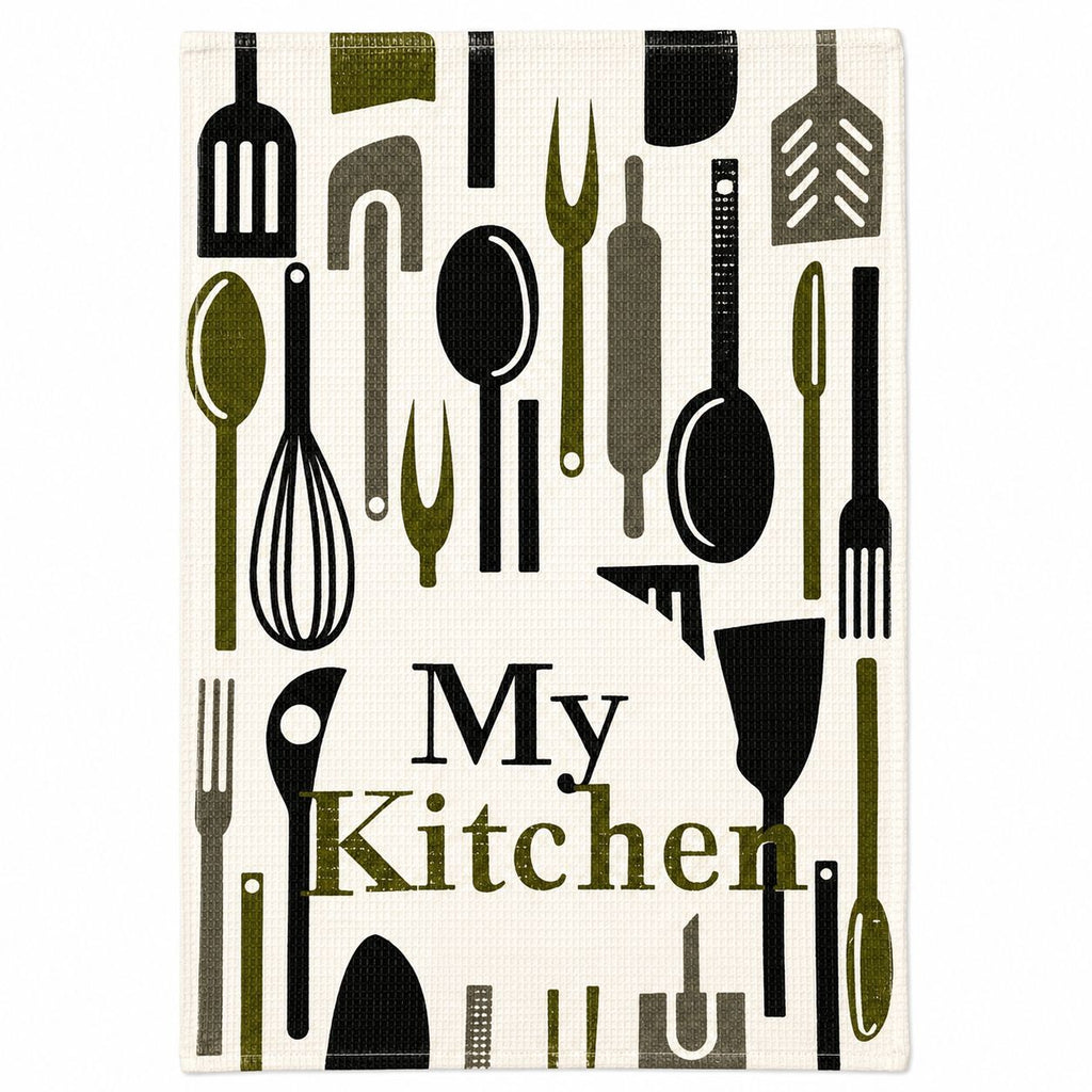 Kitchen towel with utensil pattern and 'My Kitchen' text on a white background
