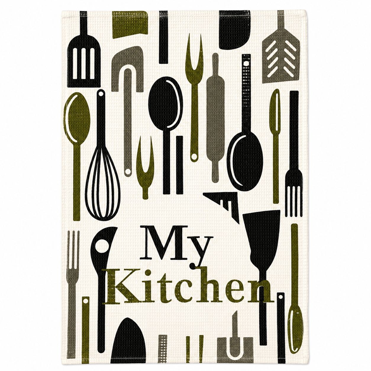 Kitchen towel with utensil pattern and 'My Kitchen' text on a white background