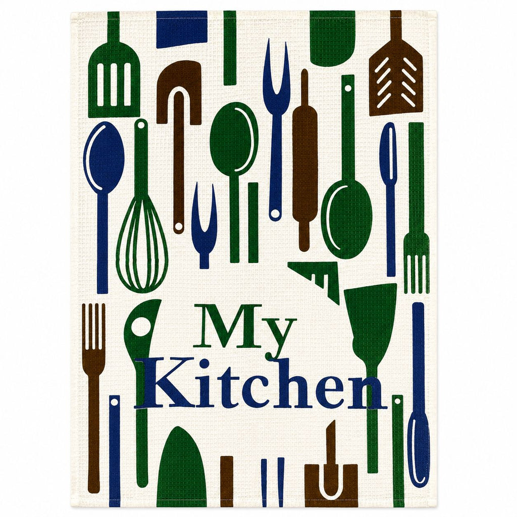 Kitchen towel with colorful utensil pattern and 'My Kitchen' text on a white background