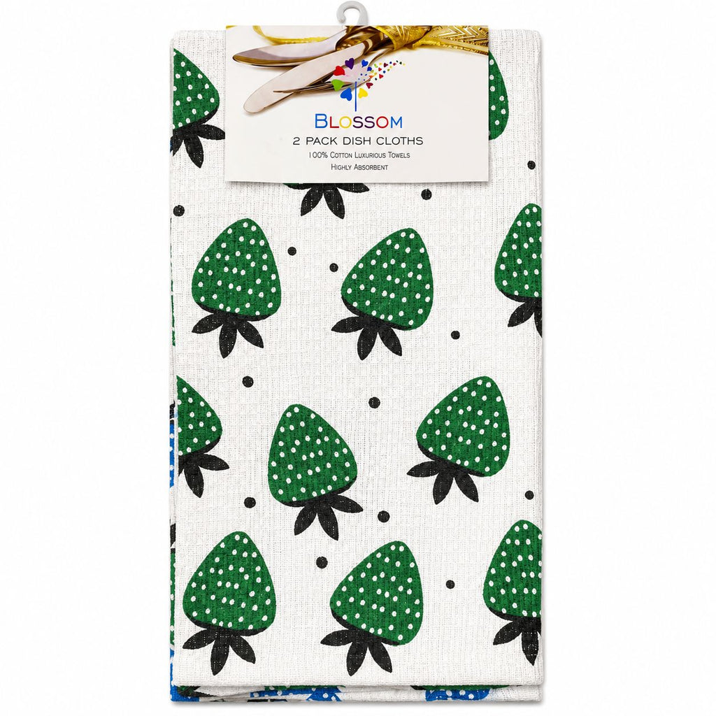 Pack of two dish cloths with strawberry pattern on a white background
