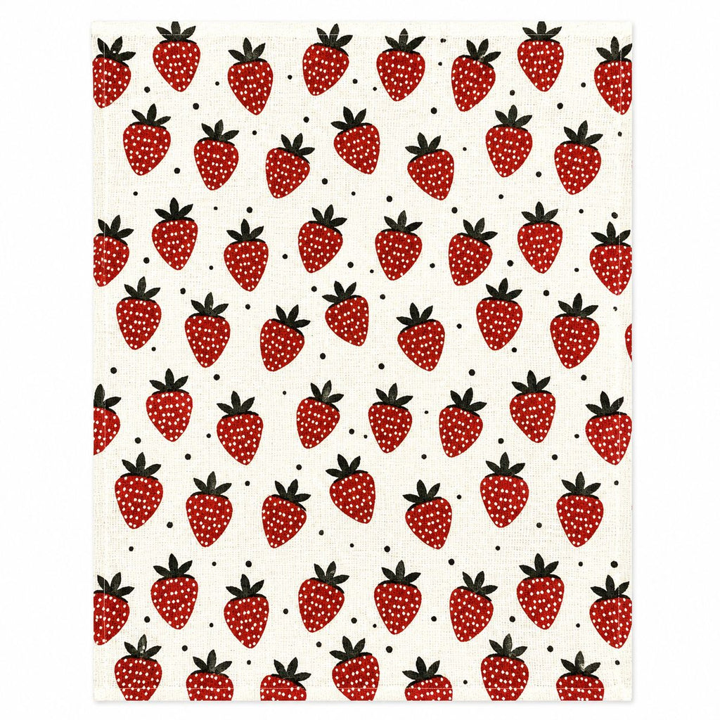 Pattern of red strawberries with black stems on a white background