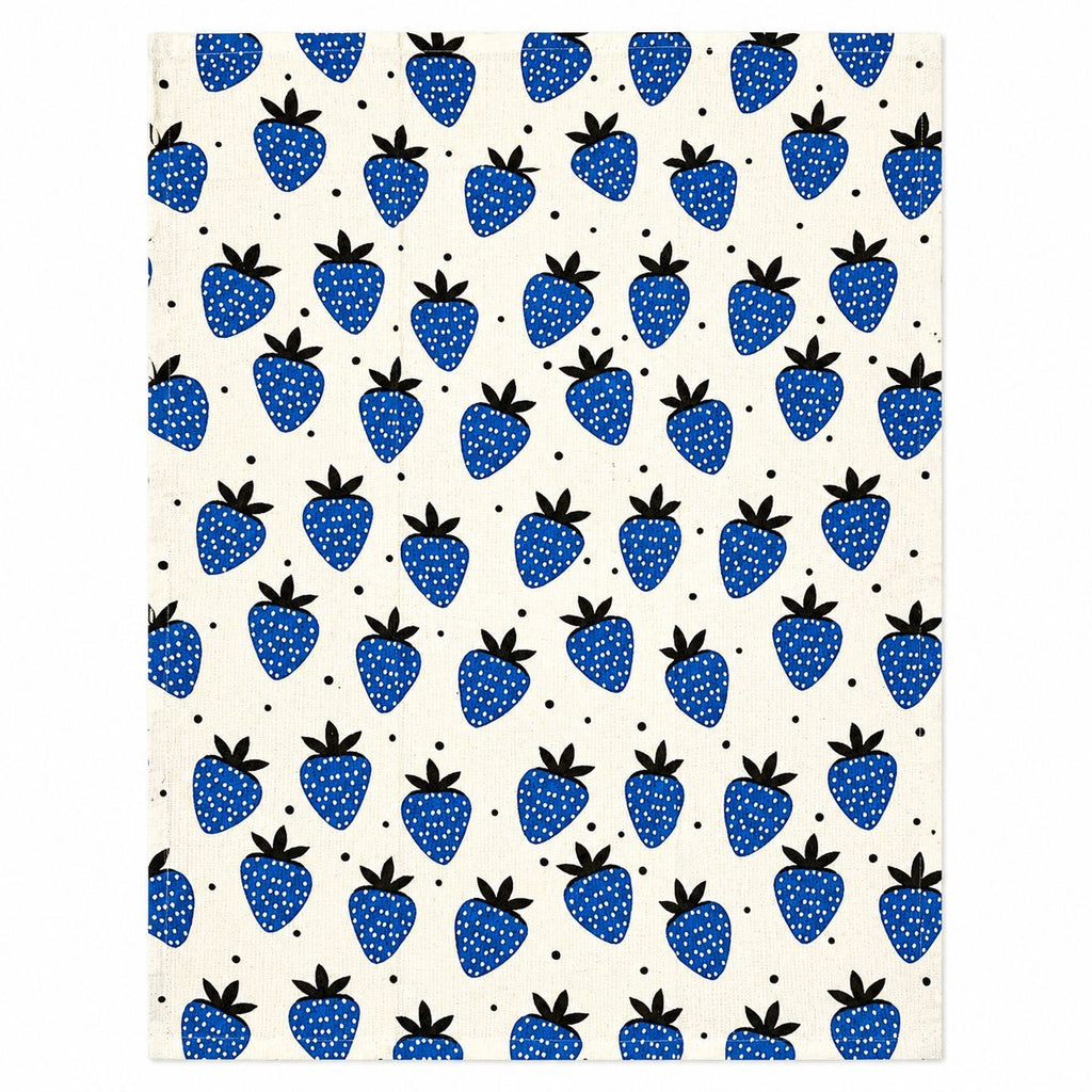 Pattern of blue strawberries with black stems on a white background