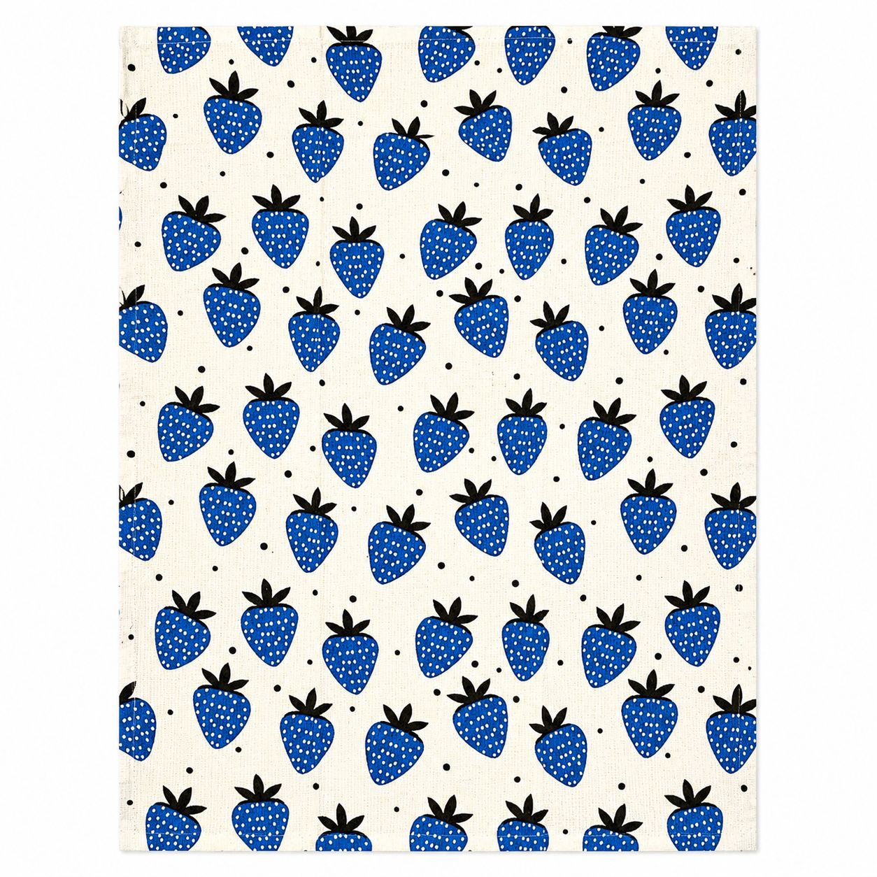 Pattern of blue strawberries with black stems on a white background