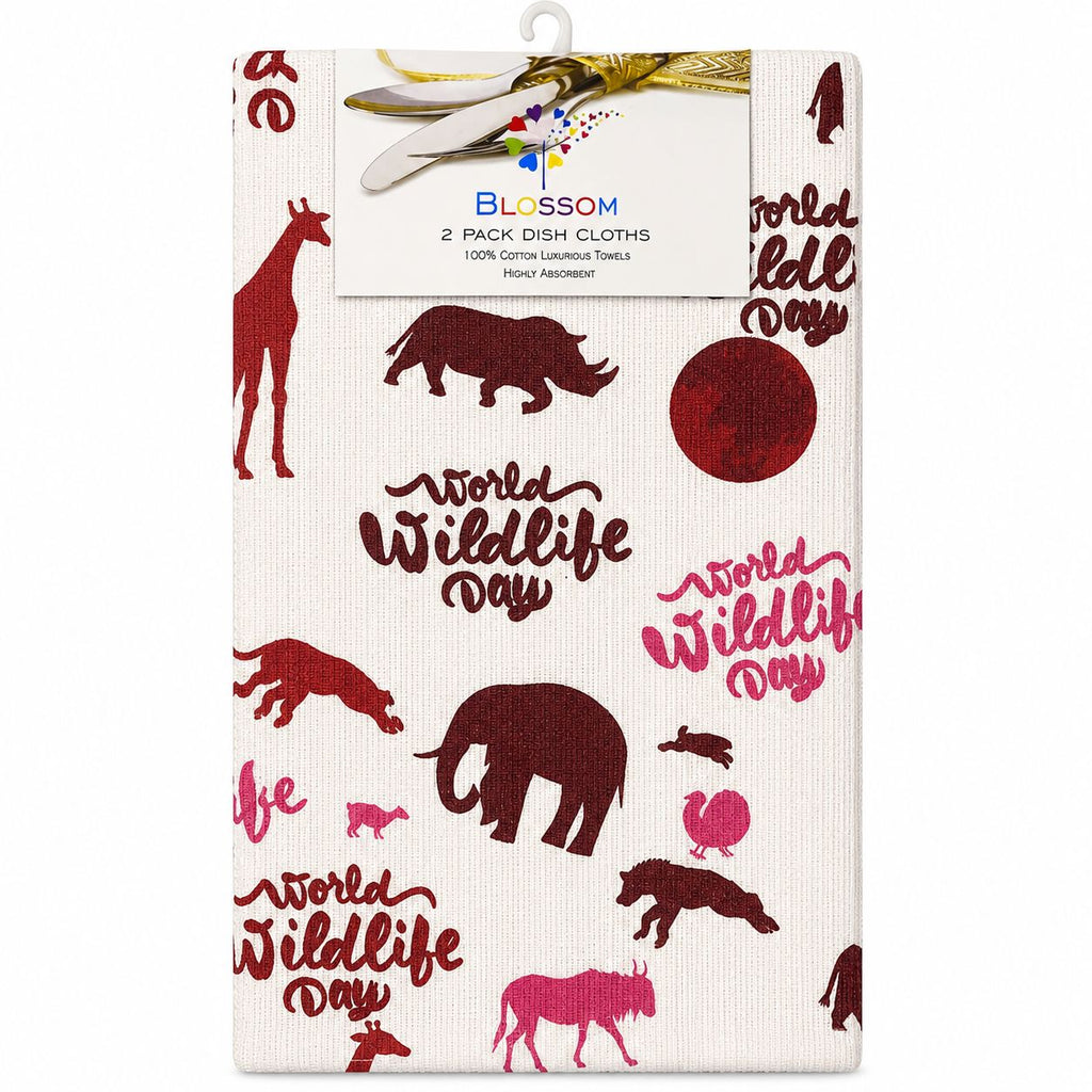 Pack of two World Wildlife Day-themed dish cloths with animal illustrations on a white background.
