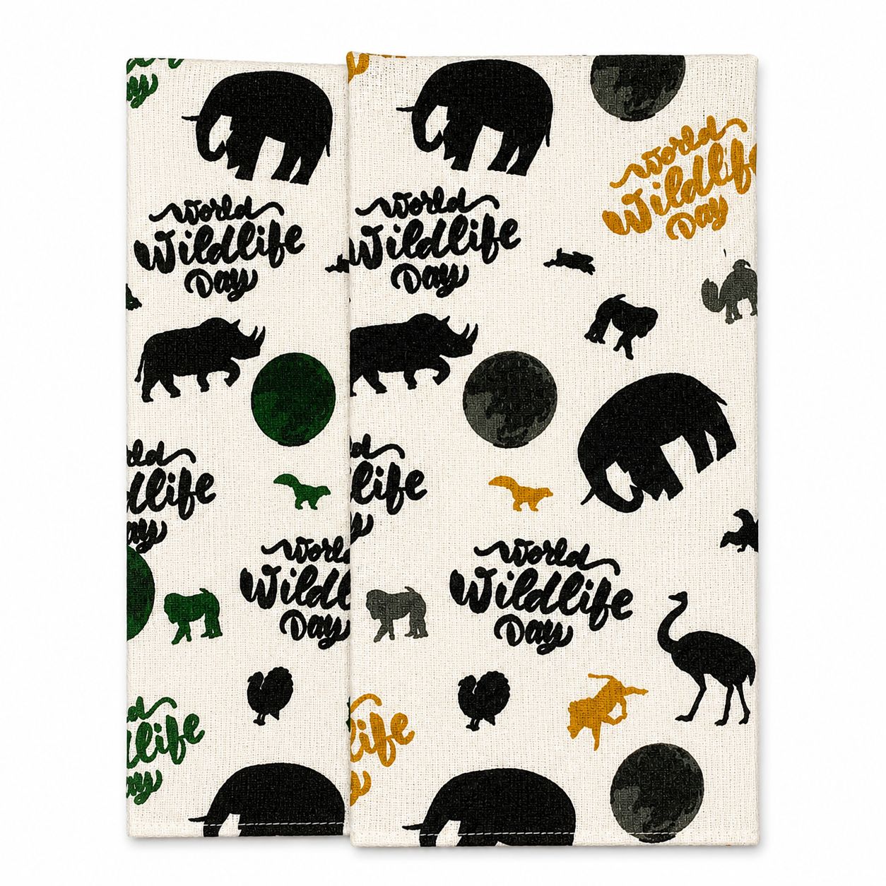 Two fabric swatches with animal patterns and 'World Wildlife Day' text on a white background.