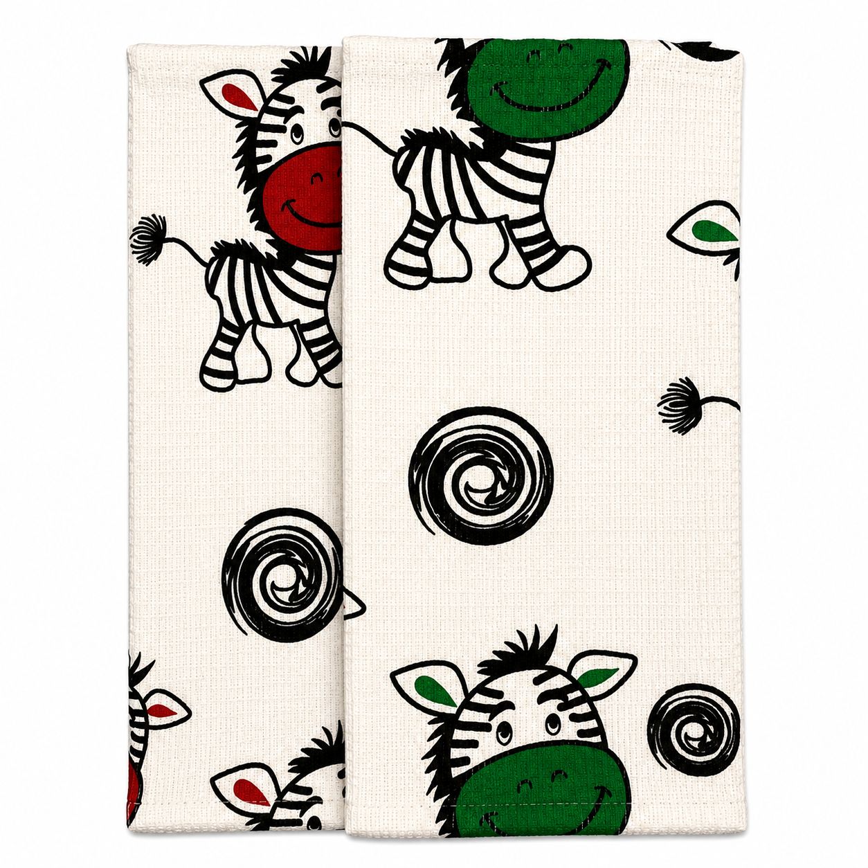 Two fabric swatches with cartoon zebra designs on a white background
