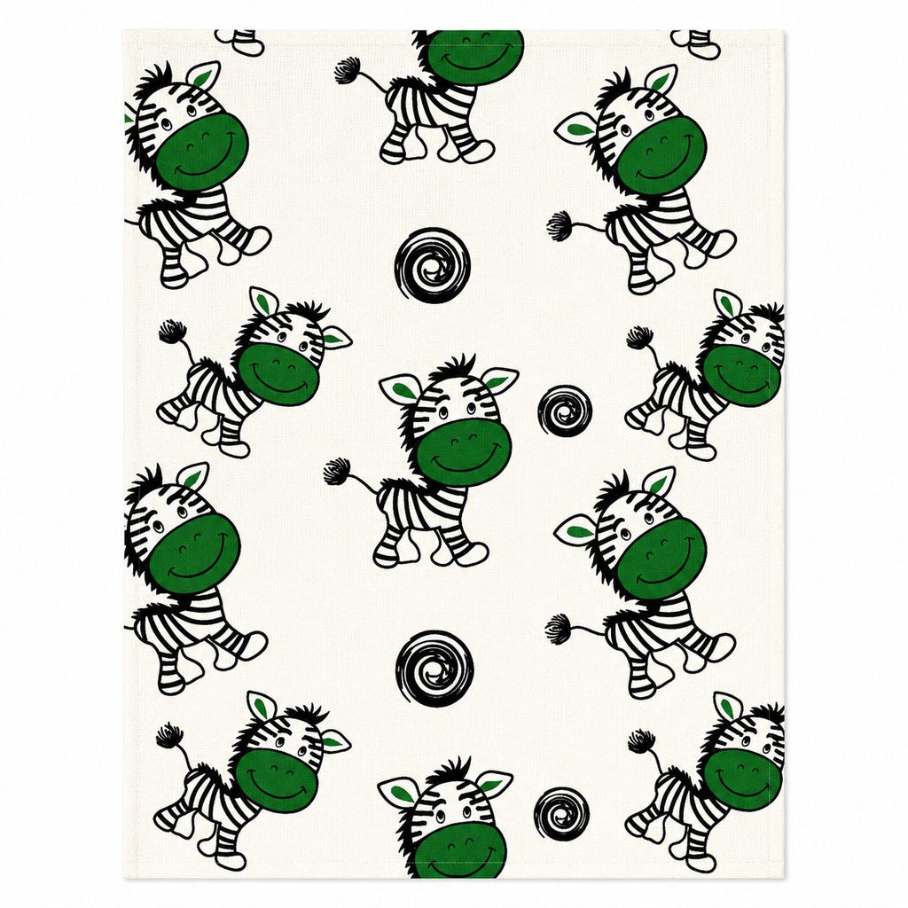 Pattern of cartoon zebras with green faces on a white background