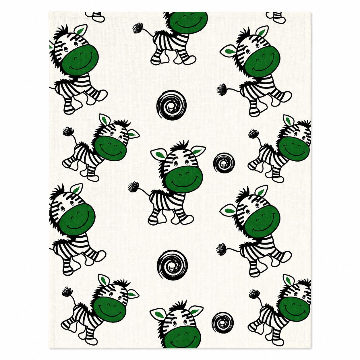 Pattern of cartoon zebras with green faces on a white background