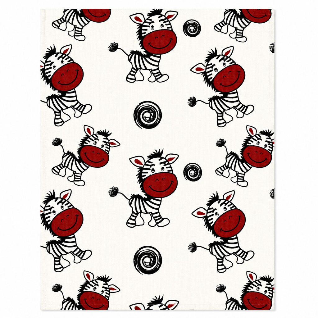 Pattern of cartoon zebras with red faces and black stripes on a white background