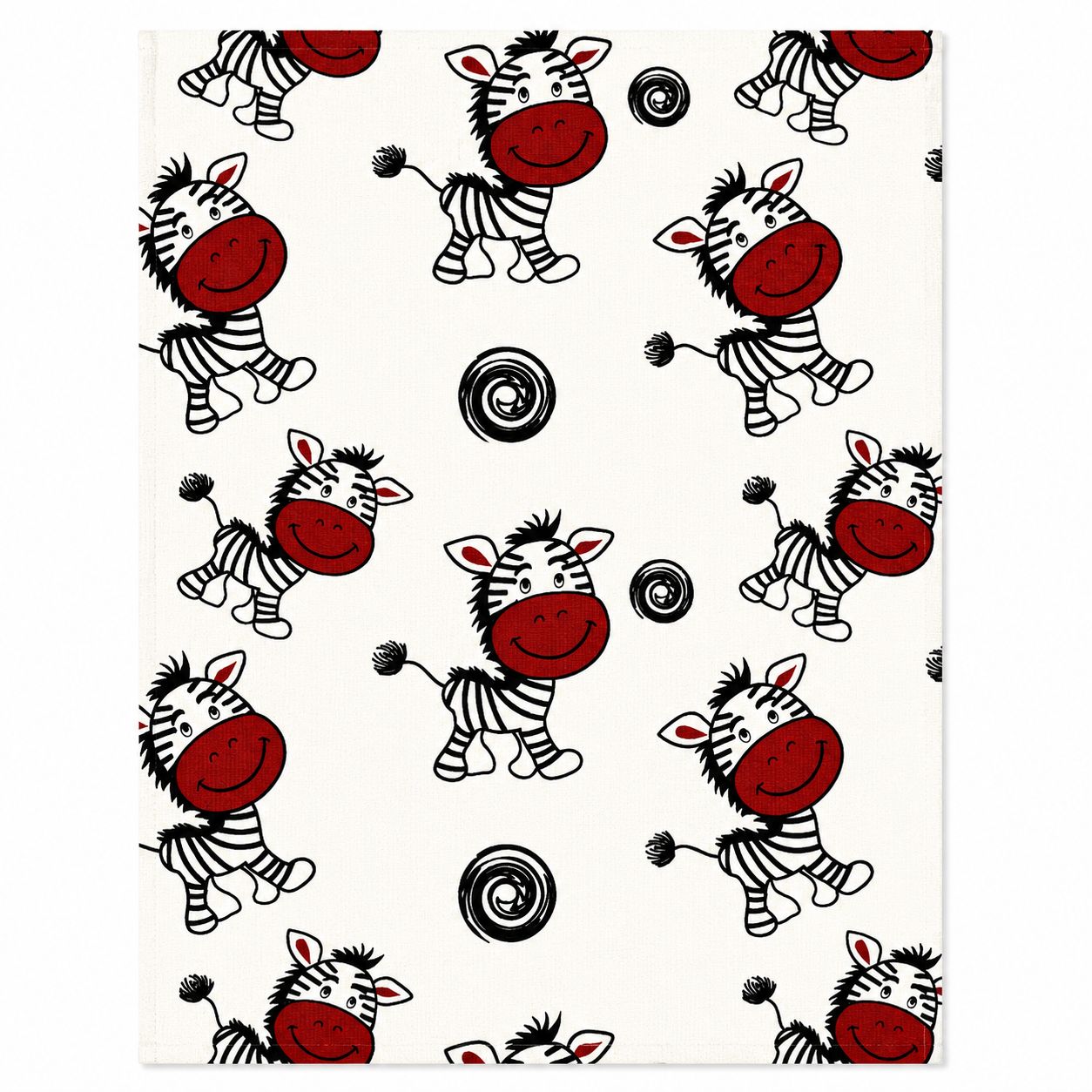 Pattern of cartoon zebras with red faces and black stripes on a white background