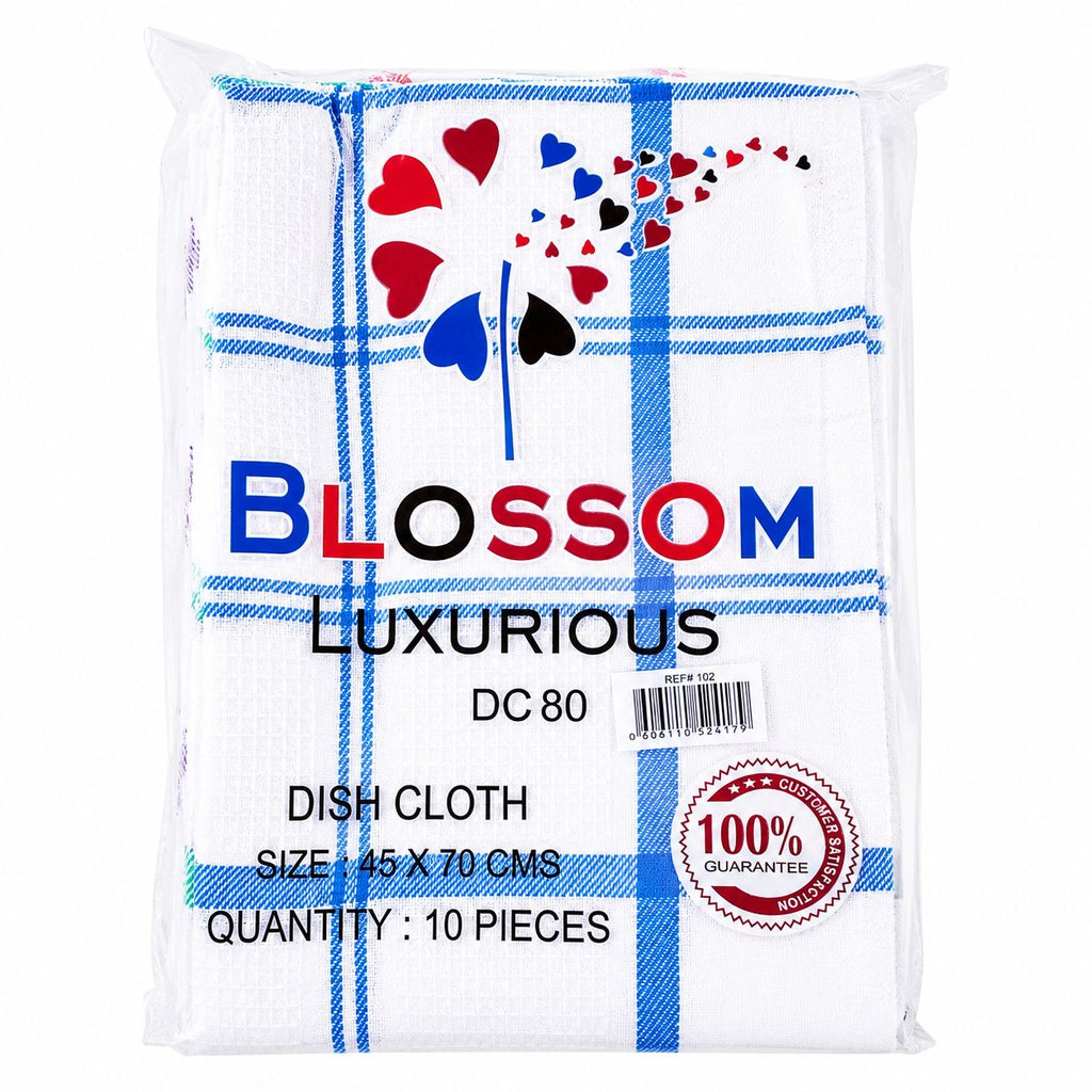 Pack of Blossom dish cloths with a blue and white checkered pattern on a white background.