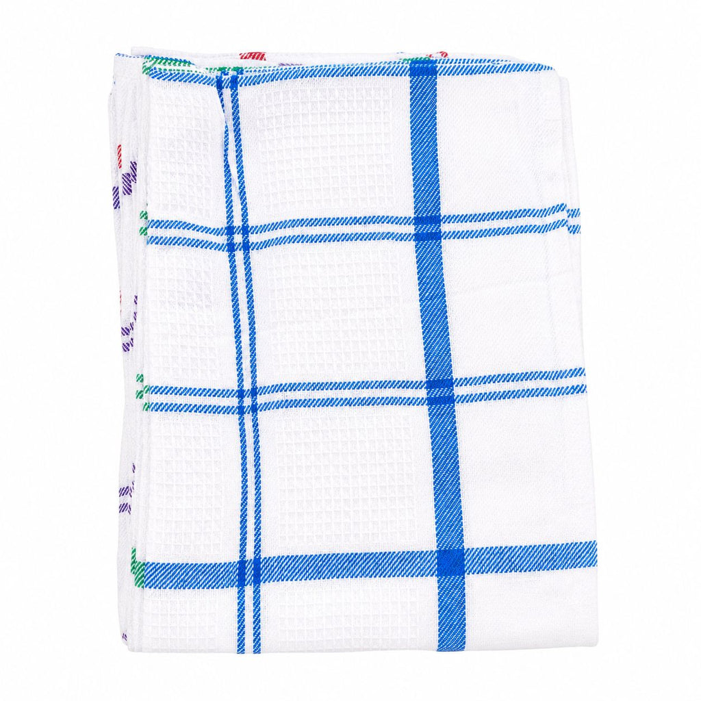 Folded checkered towel with blue lines on a white background