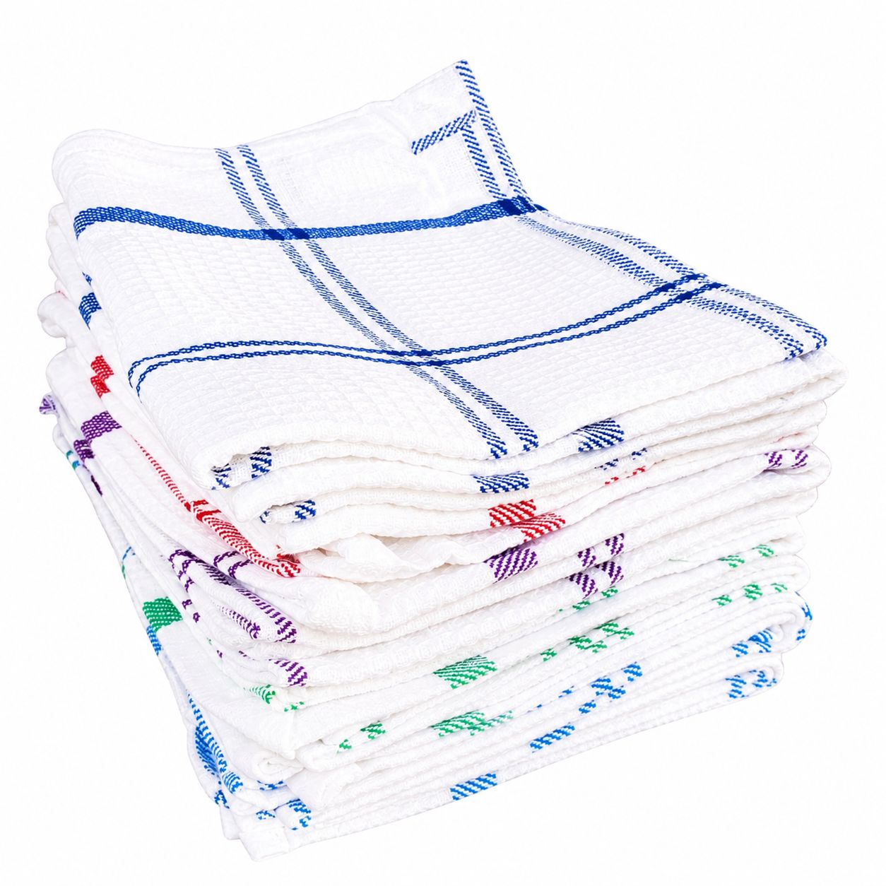 Stack of white towels with colorful patterns on a white background