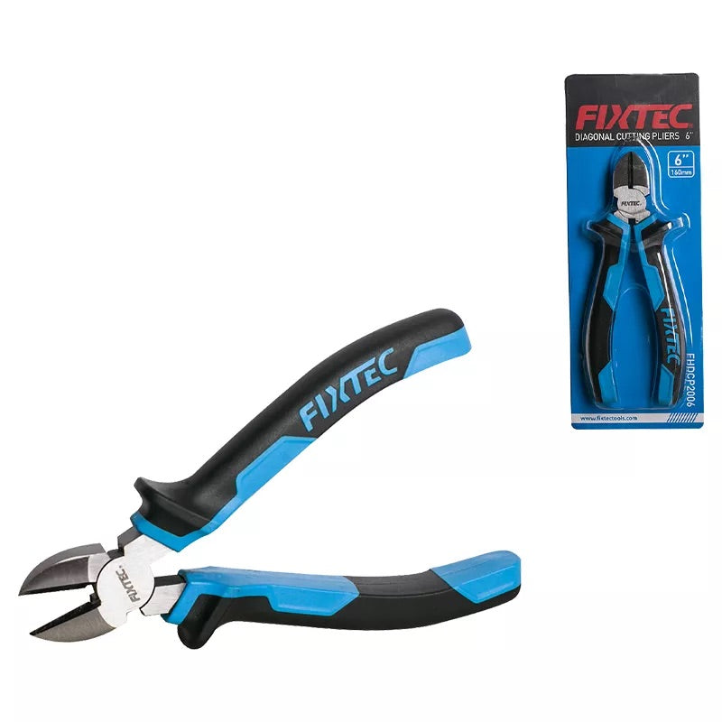 Pair of diagonal cutters with blue and black handles and packaging on a white background