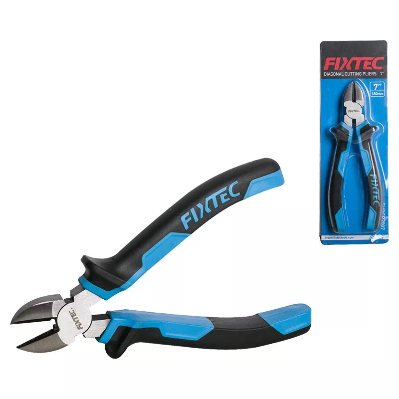 Pair of diagonal cutting pliers with black and blue handles, and a Fixtec packaging on a white background.
