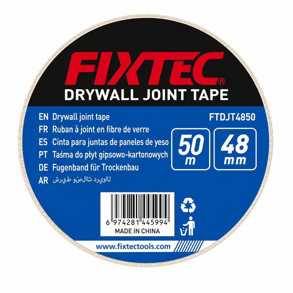 Fixtec drywall joint tape label with product details on a white background