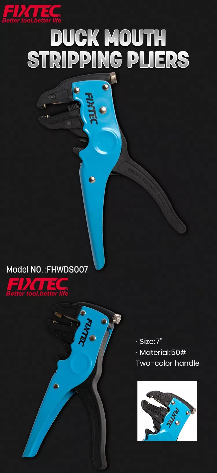 FIXTEC Duck Mouth Stripping Pliers with blue and black handles on a black background