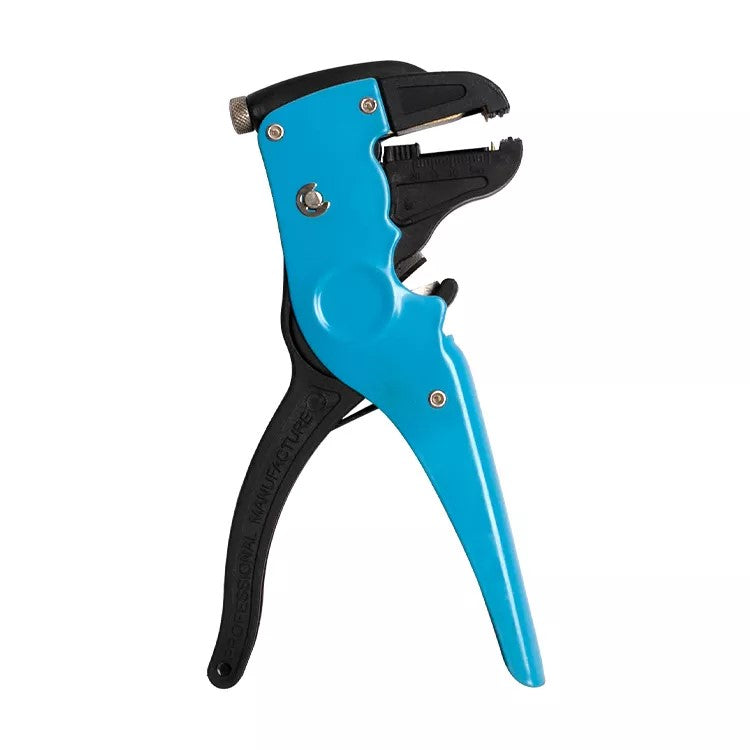 Blue and black cable stripper on a white background