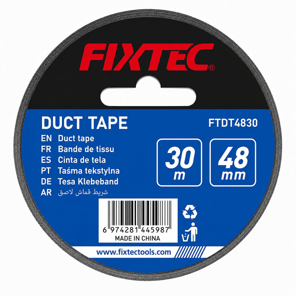 Fixtec duct tape roll with blue and black label