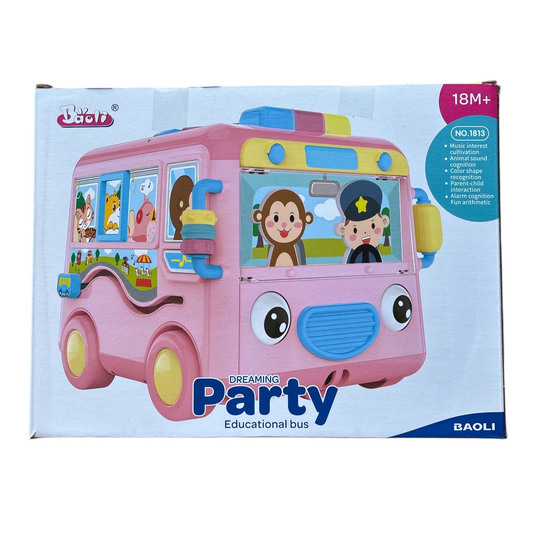 Box of a toy educational bus with cartoon characters on a white background