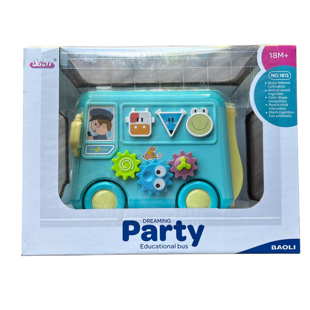 Toy educational bus packaging with 'Dreaming Party' branding on a white background