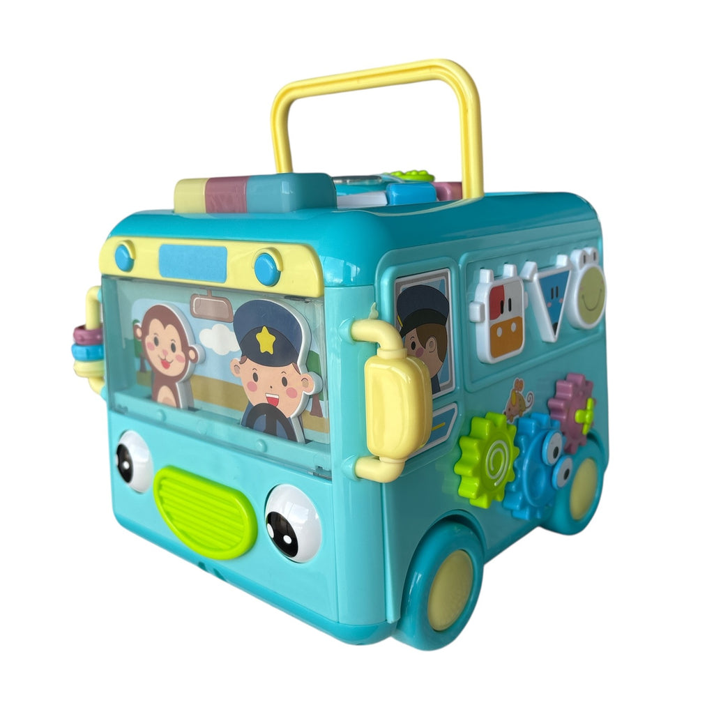 Toy bus with colorful features and character windows on a white background