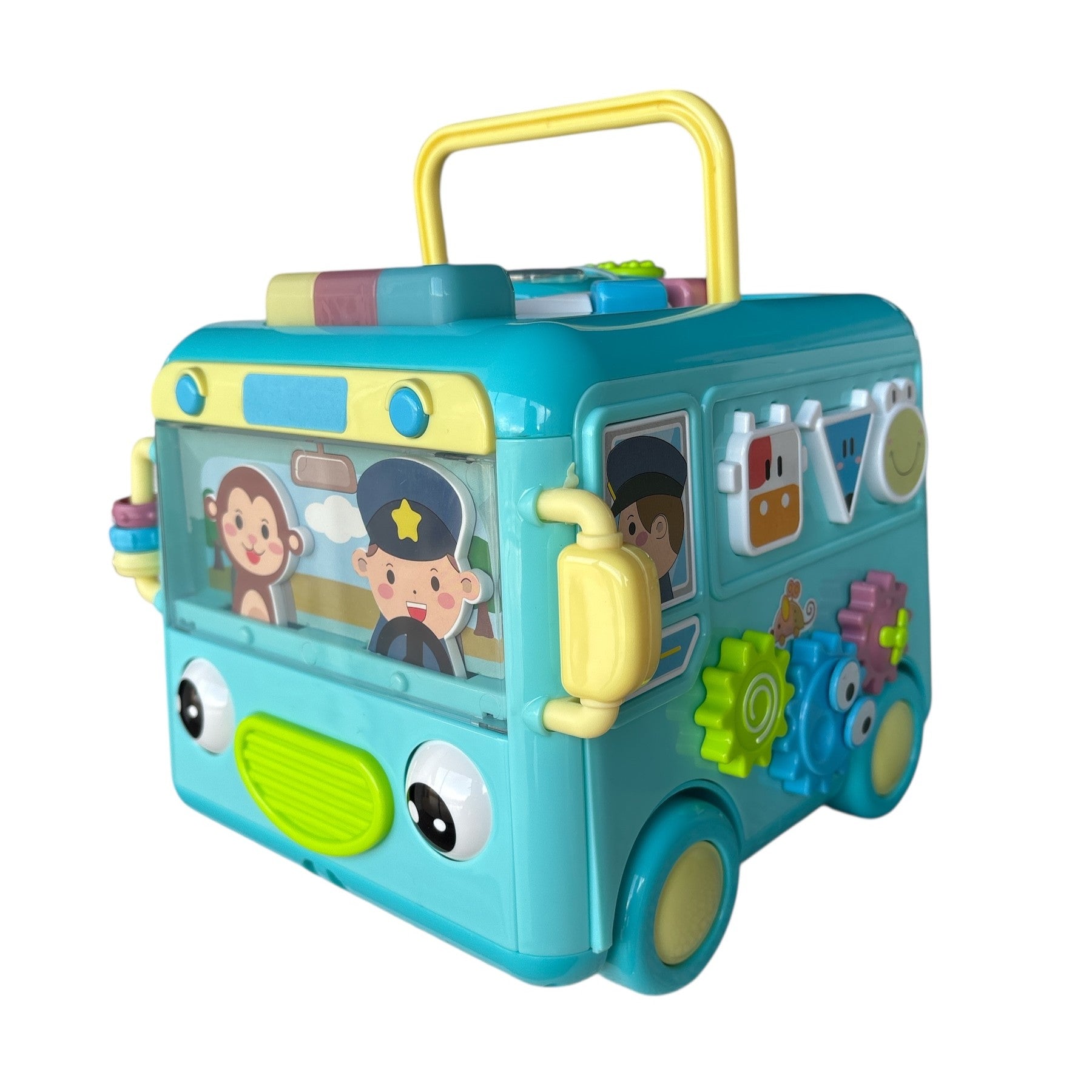 Toy bus with colorful features and character windows on a white background