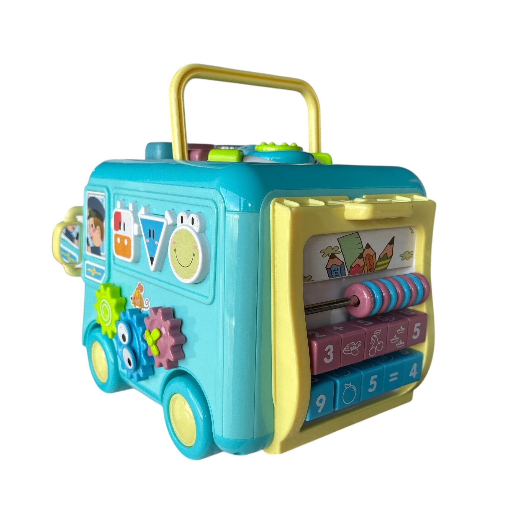 Colorful toy bus with educational elements on a white background