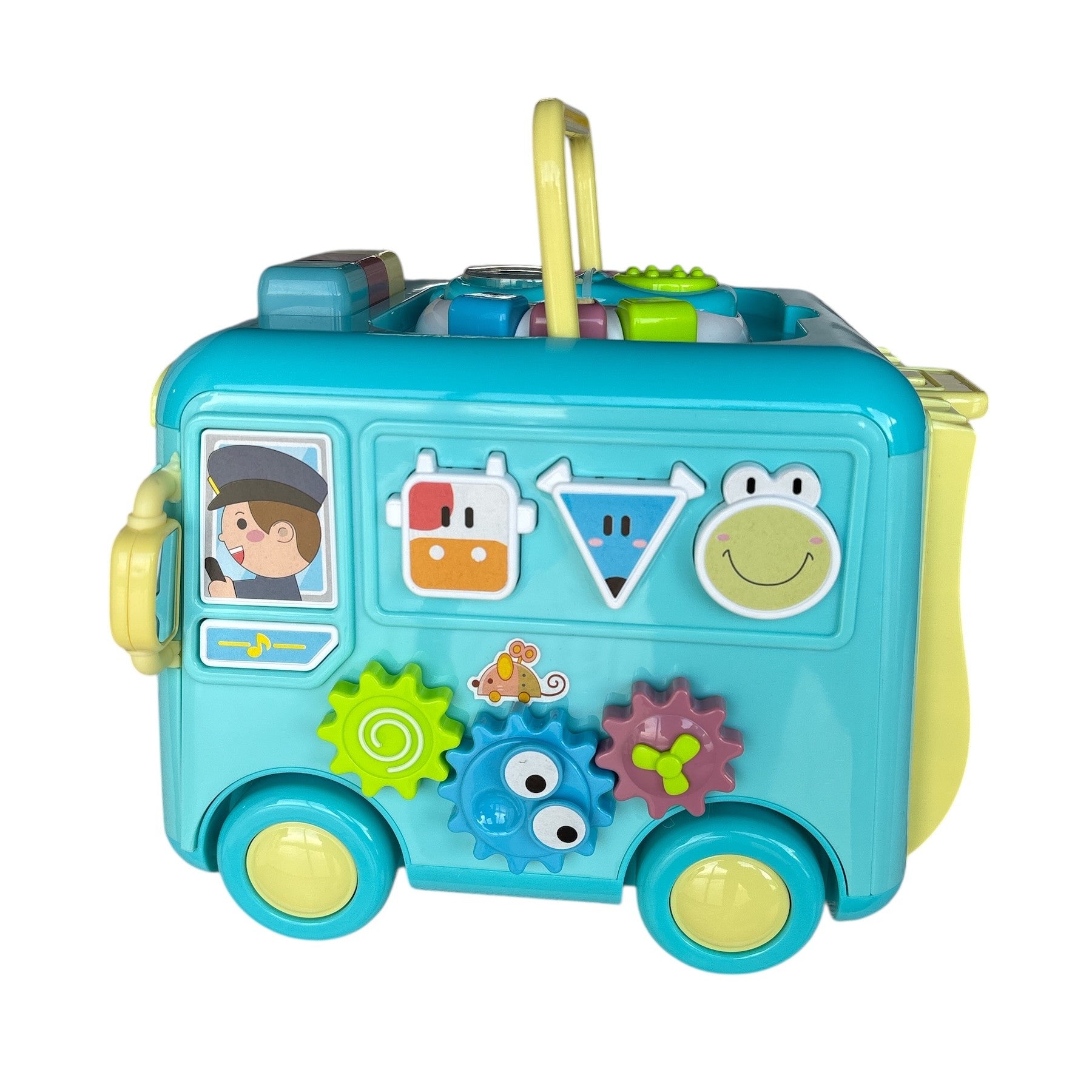 Toy bus with various educational elements on a white background